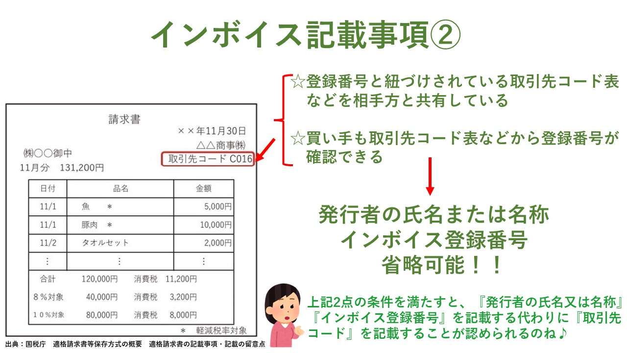 インボイス制度とは？　わかりやすくご説明します！⑦　インボイスの記載事項②　取引先コードによる記載　